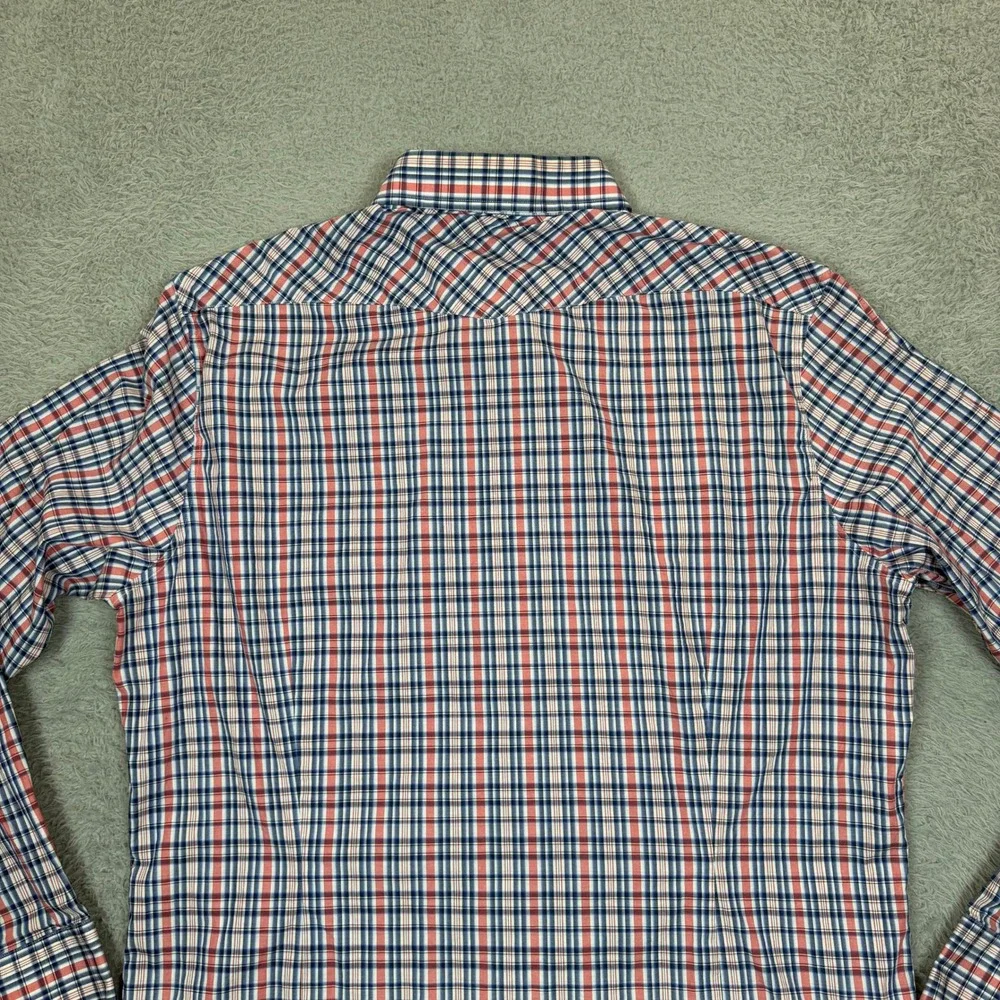 Banana Republic Mens Western Pearl Snap Plaid Shirt Red White Blue Large Stretch